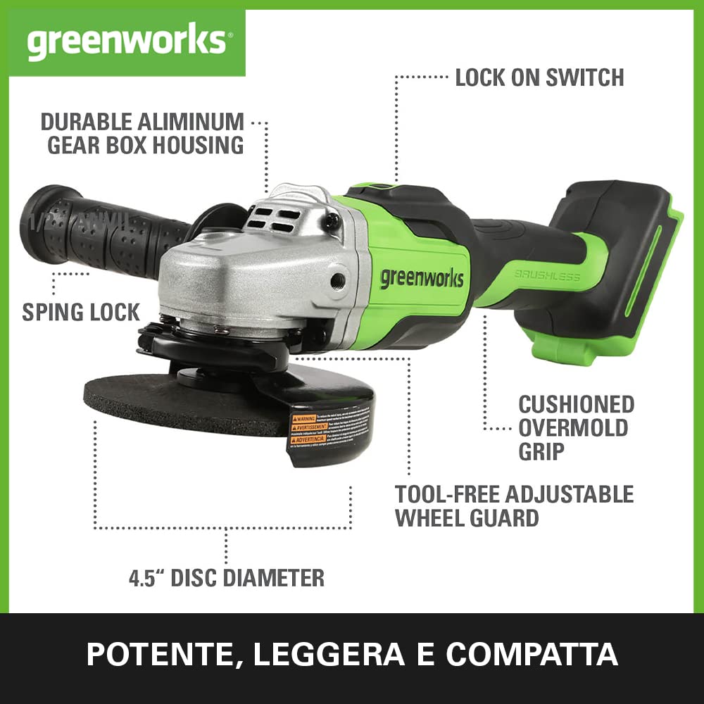 Thumbnail 1 de Greenworks GD24AGK4 smerigliatrice angolare a batteria 125 mm da taglio, 10.500 giri/min (destrorsa o mancino) con batteria 24V 4Ah e caricatore, garanzia 3 anni