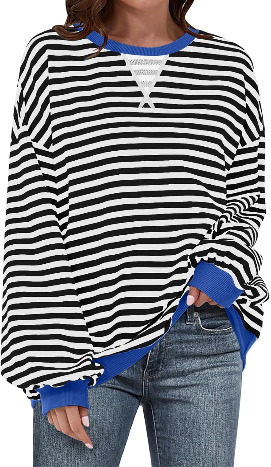 Thumbnail 5 de UEU Women Oversized Striped Crewneck Sweatshirt – Color Block, Long Sleeve
