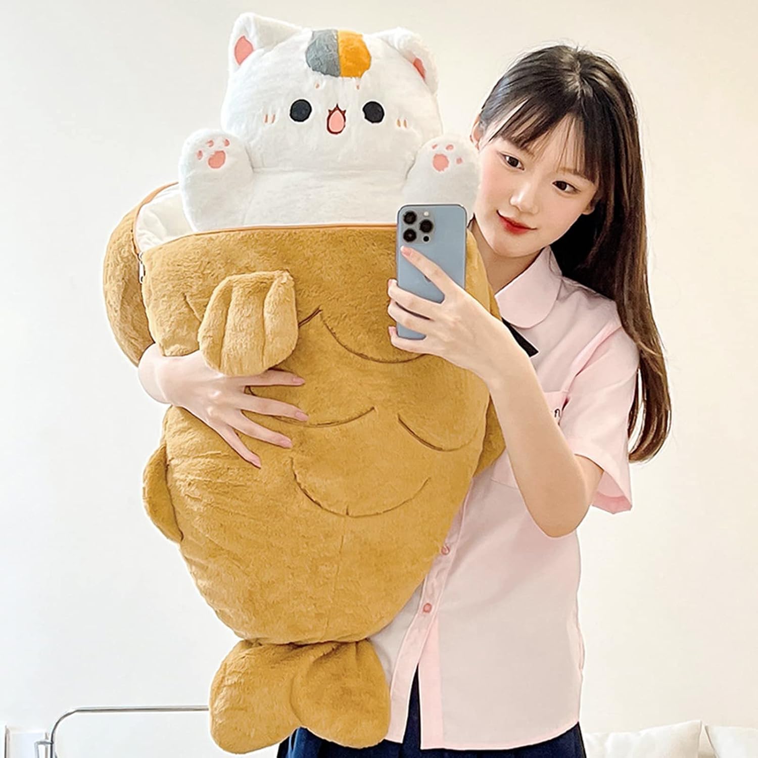 Detalle de Shownicer Plüschtier Katze Kuscheltier 2-in-1 Fisch-Kätzchen-Kissen – 80 cm