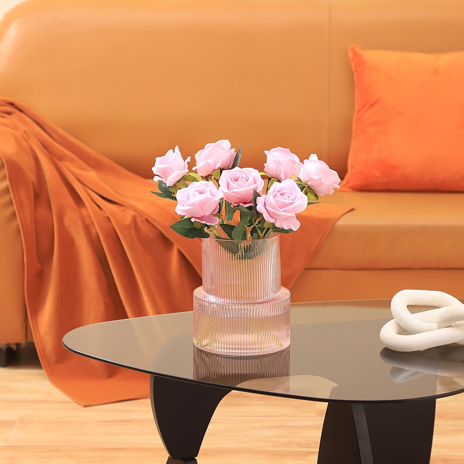 Detalle 2 de KAYLETIN KAYLETIN roze glazen bloemenvaas, geribbeld, 18 cm