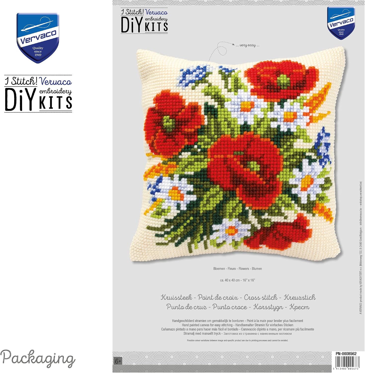 Detalle de Vervaco zestaw do haftu krzyżykowego na poduszkę 40 × 40 cm, motyw kwiatowy