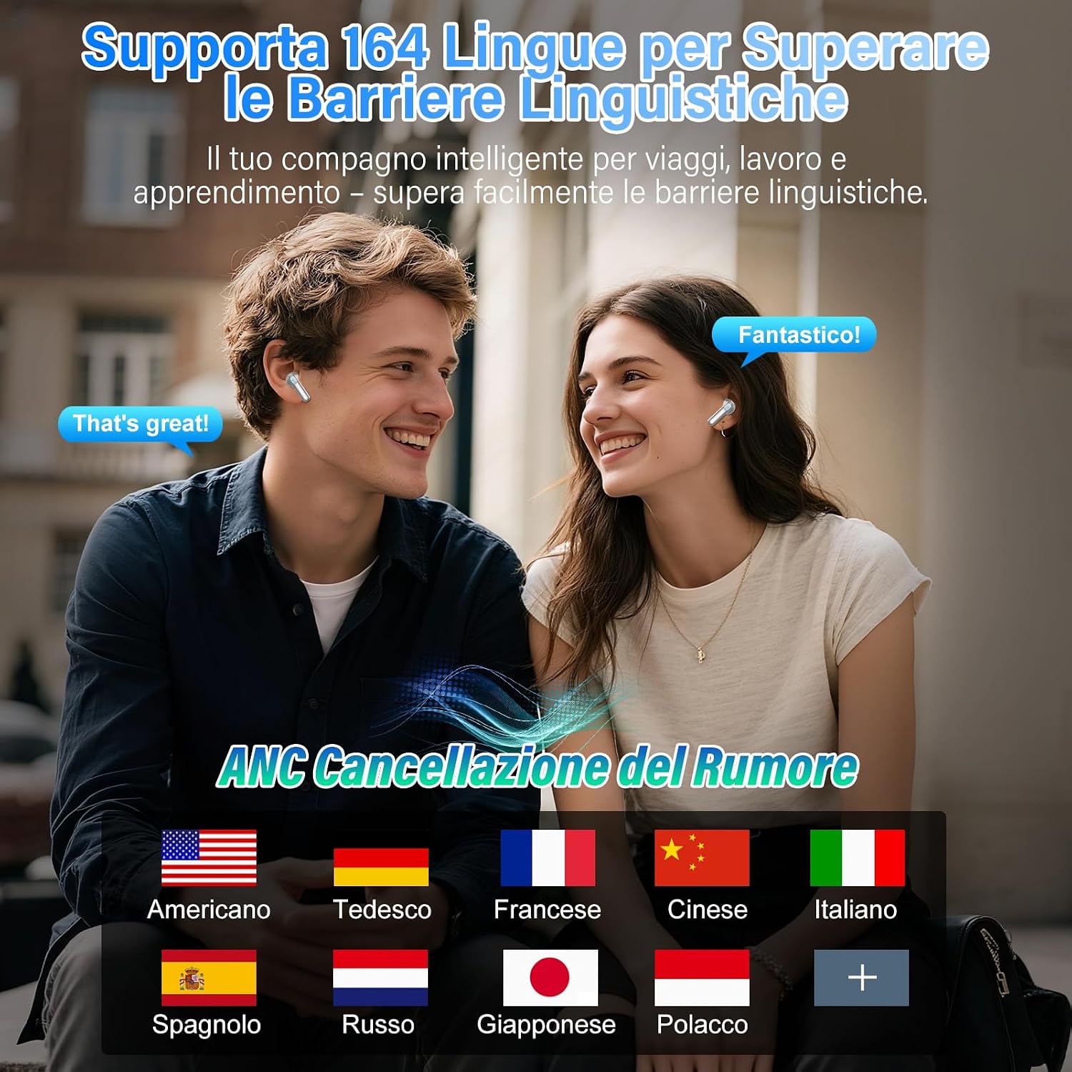 Detalle de AI Cuffie Traduzione 4-in-1: Auricolari con Traduzione Istantanea in 164 Lingue e ANC/ENC