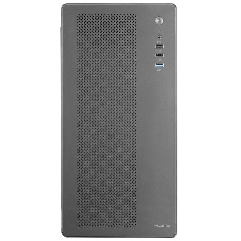 Detalle de Tacens AEROM: caja PC Micro-ATX metálica con rejilla frontal y ventilador trasero de 120 mm
