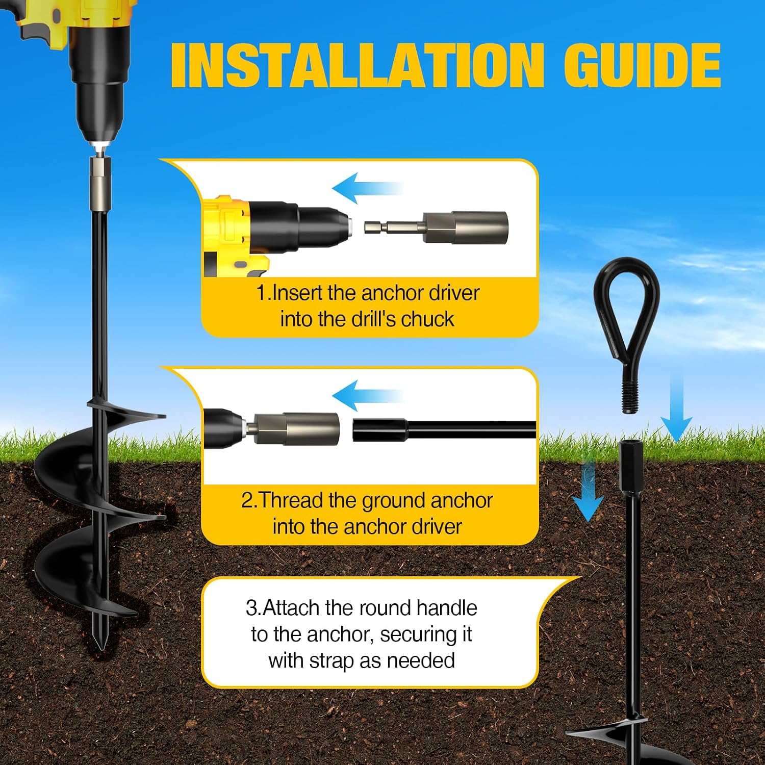 Thumbnail 6 de MIXC 18-Inch Heavy Duty Ground Anchors Screw In (4-Pack) with Straps, Drill Adapter, and Upgraded T-Wrench