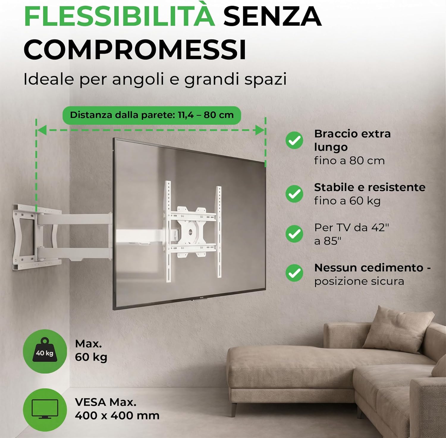 Thumbnail 1 de XTRARM TiTon Flex 80 cm supporto TV da parete bianco per TV 42–85 pollici (fino a 80 cm, VESA 400x400, portata 60 kg)