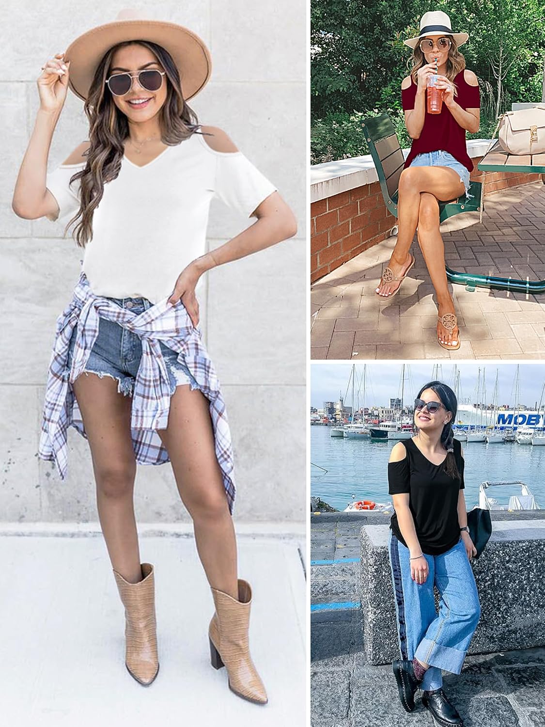 Detalle de Elesomo ladies cold shoulder V-neck summer top (short sleeve, casual T-shirt style)