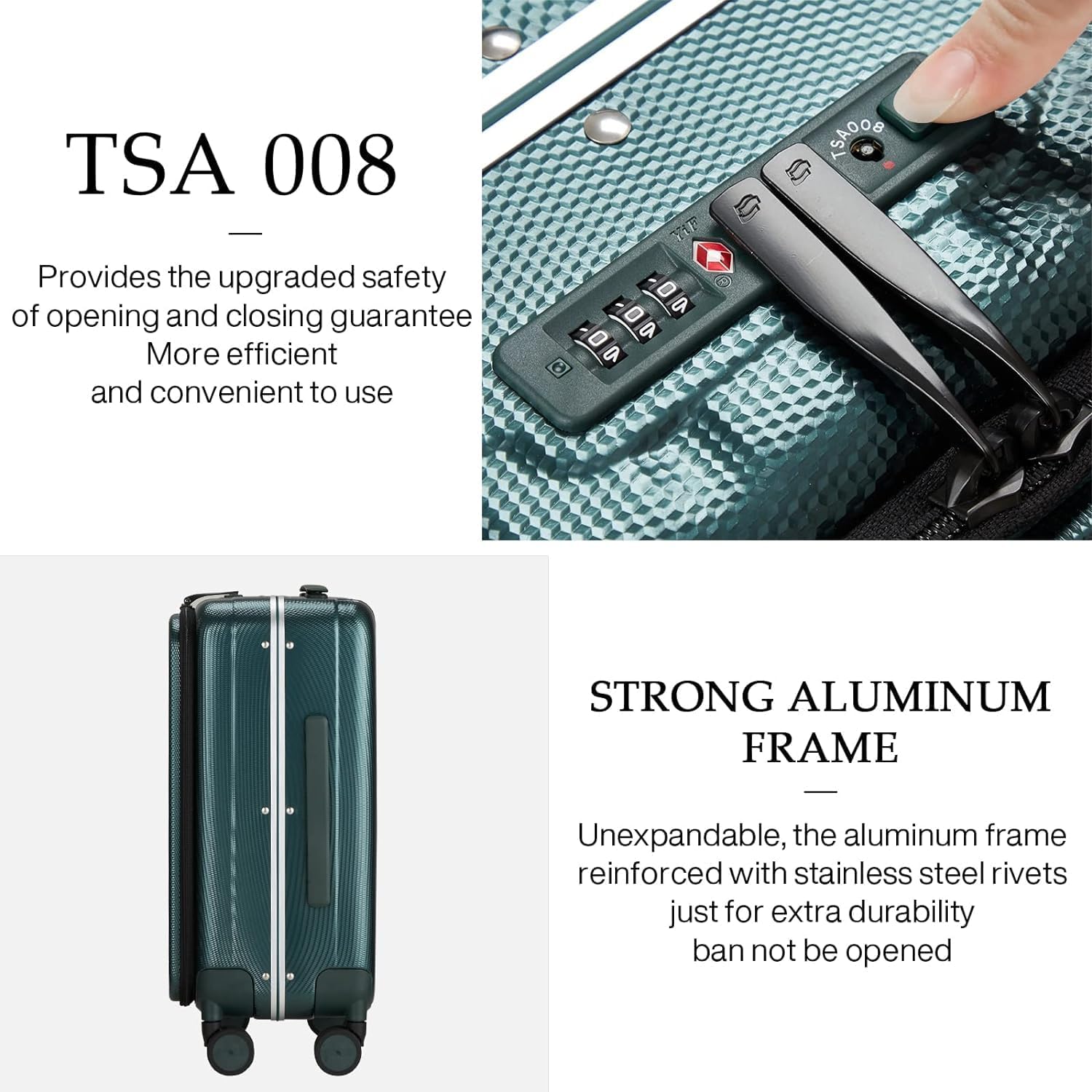 Detalle de Hanke 20-Inch Carry-On Rolling Suitcase (Aluminum Frame, Front Opening) — Hard-Sided PC, Spinner Wheels, Dark Green