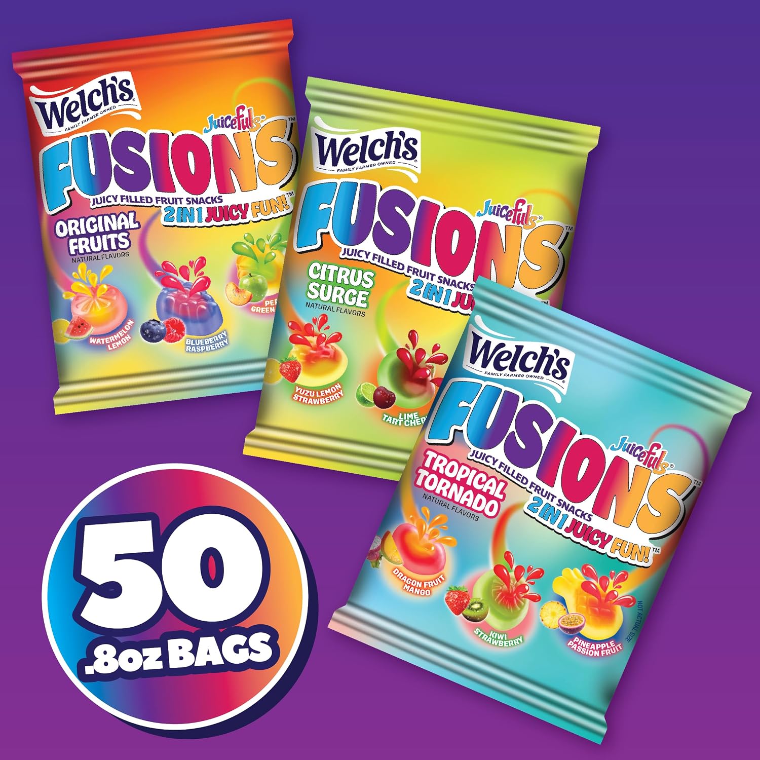 Detalle de Welch's Fruit Snacks Fusions, 50-Count Variety Pack, Gluten-Free, 0.8 oz Pouches