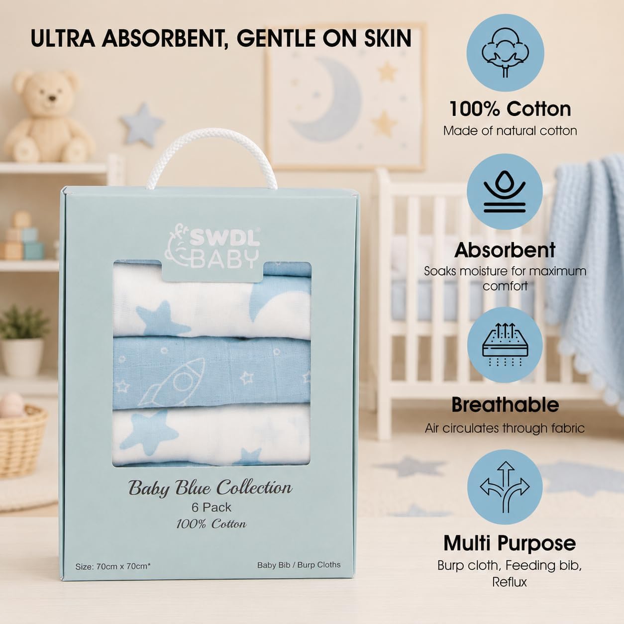 Thumbnail 3 de Large Baby Muslin Cloths (Pack of 6) 100% Cotton Muslin Squares – Soft, Absorbent & Breathable | Baby Blue Collection