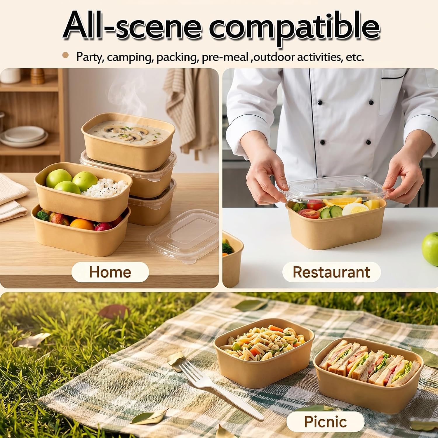 Thumbnail 6 de Artuxer 50-Pack 29oz Disposable Kraft Paper Bowls with Lids and Forks
