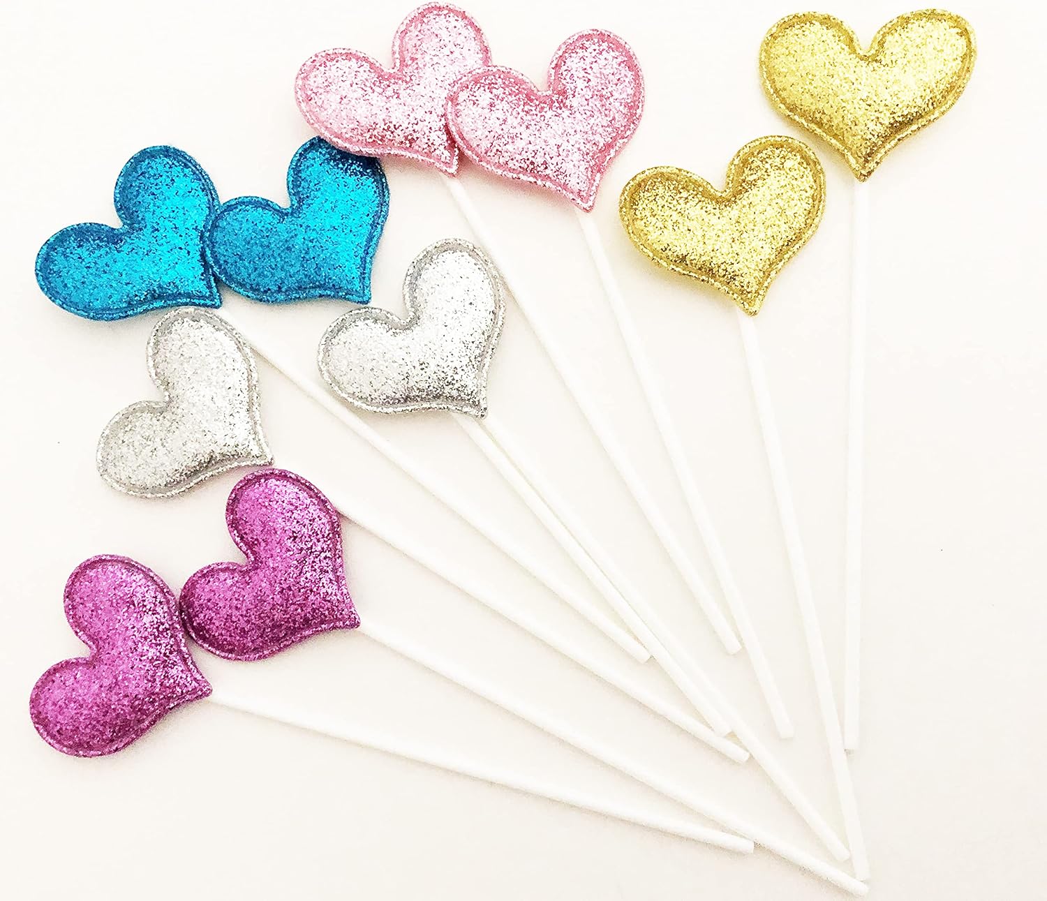 Detalle de AILEXI Handgemachte Reflektierende Glitter-Herzen: Leder-Tortendeko, 10 Stück (5 Hellblau, 5 Silber) mit 13 cm Holzstab