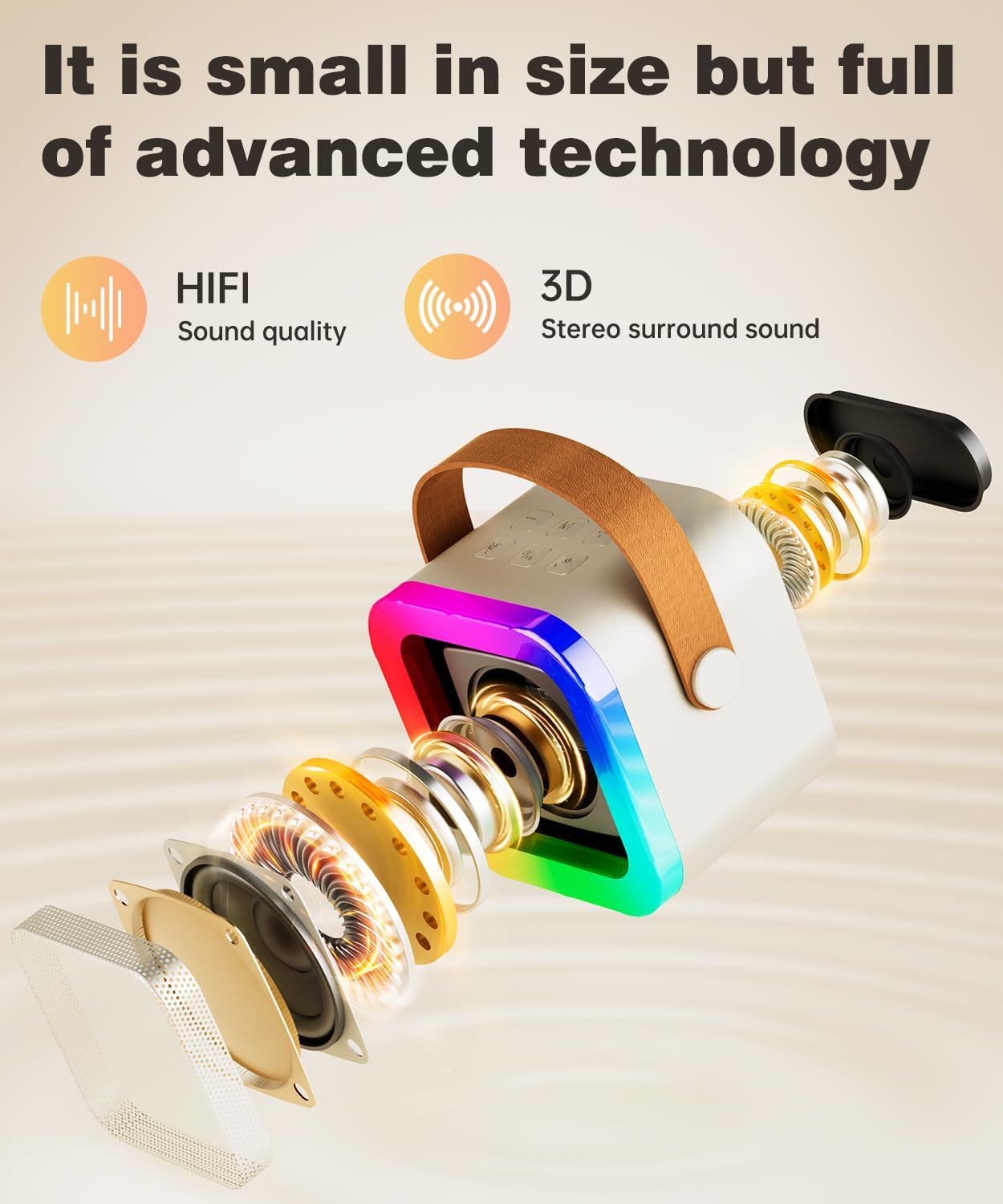 Detalle de Mini Karaoke Machine Speaker for Kids & Adults (Off-White, 2 Mic) – Portable Bluetooth Karaoke System