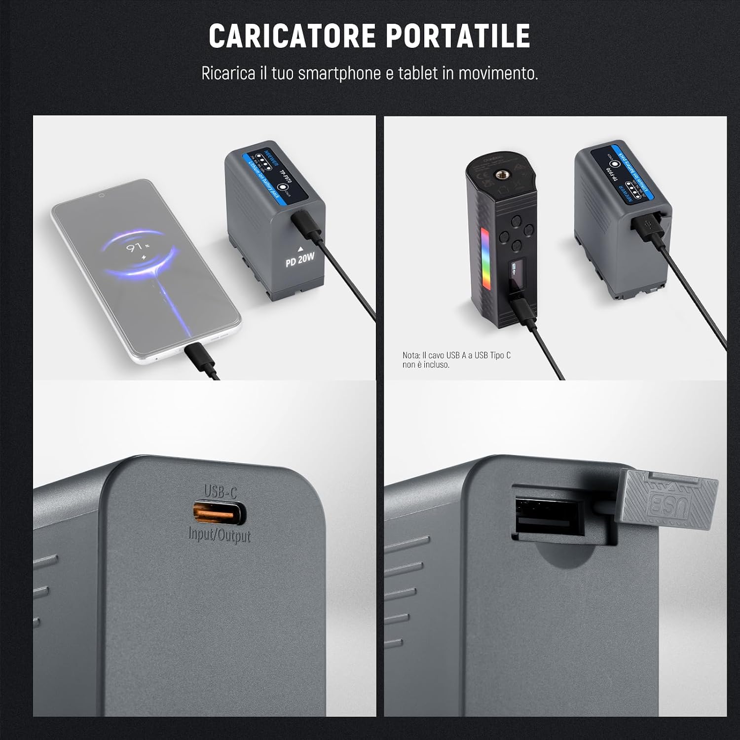 Thumbnail 4 de NEEWER NP-F970 10500mAh batteria di ricambio con ricarica rapida PD 20W (USB-C) per Sony FX3/FX30, Canon R5, Nikon Z8, grigio