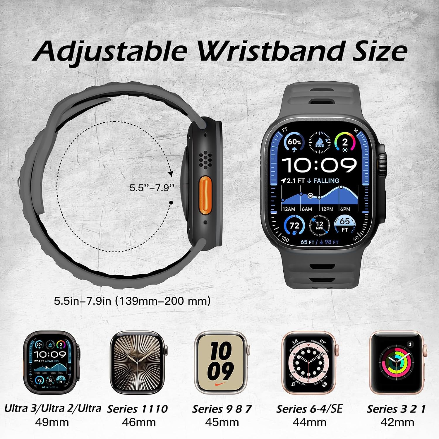 Detalle de Higgs Sport Strap for Apple Watch Ultra 3/Ultra 2 and Series 1–11 (49mm–42mm) – Silicone, Adjustable