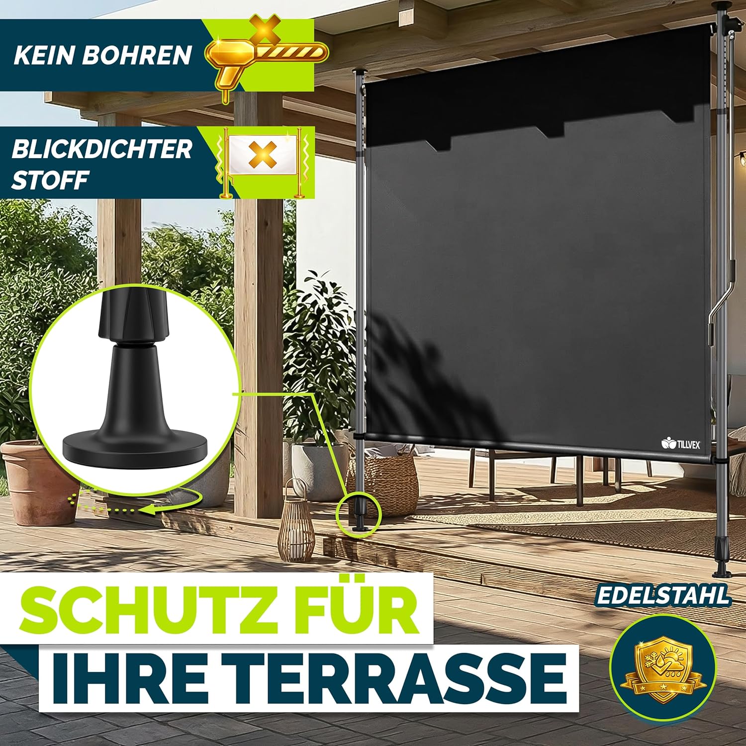 Thumbnail 3 de tillvex® Klemmmarkise Senkrechtmarkise mit Handkurbel (ohne Bohren) – anthrazit, 150 x 310 cm