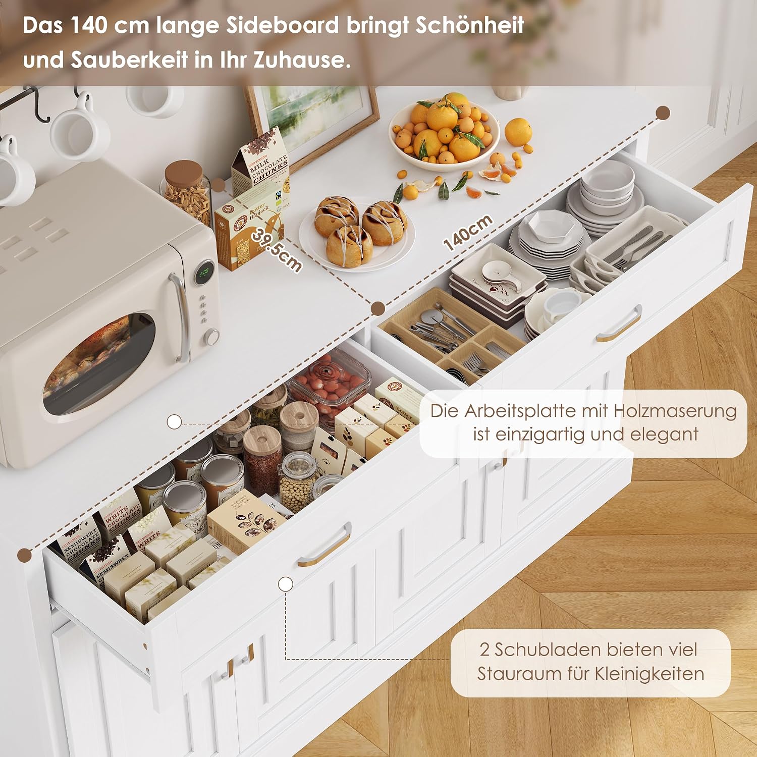 Detalle 1 de FirFurd P032 140cm White Sideboard with Adjustable Shelves and Two Drawers