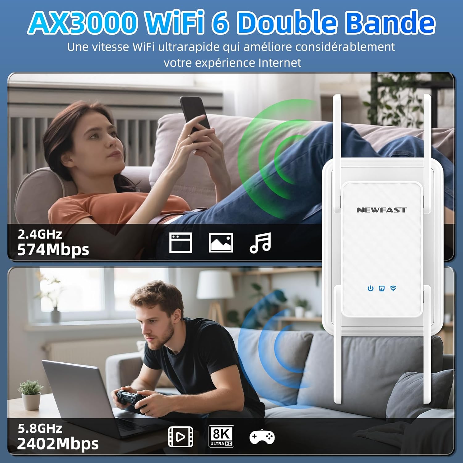 Thumbnail 1 de NEWFAST Répéteur WiFi 6 NF-RE556 (AX3000) avec port Ethernet Gigabit