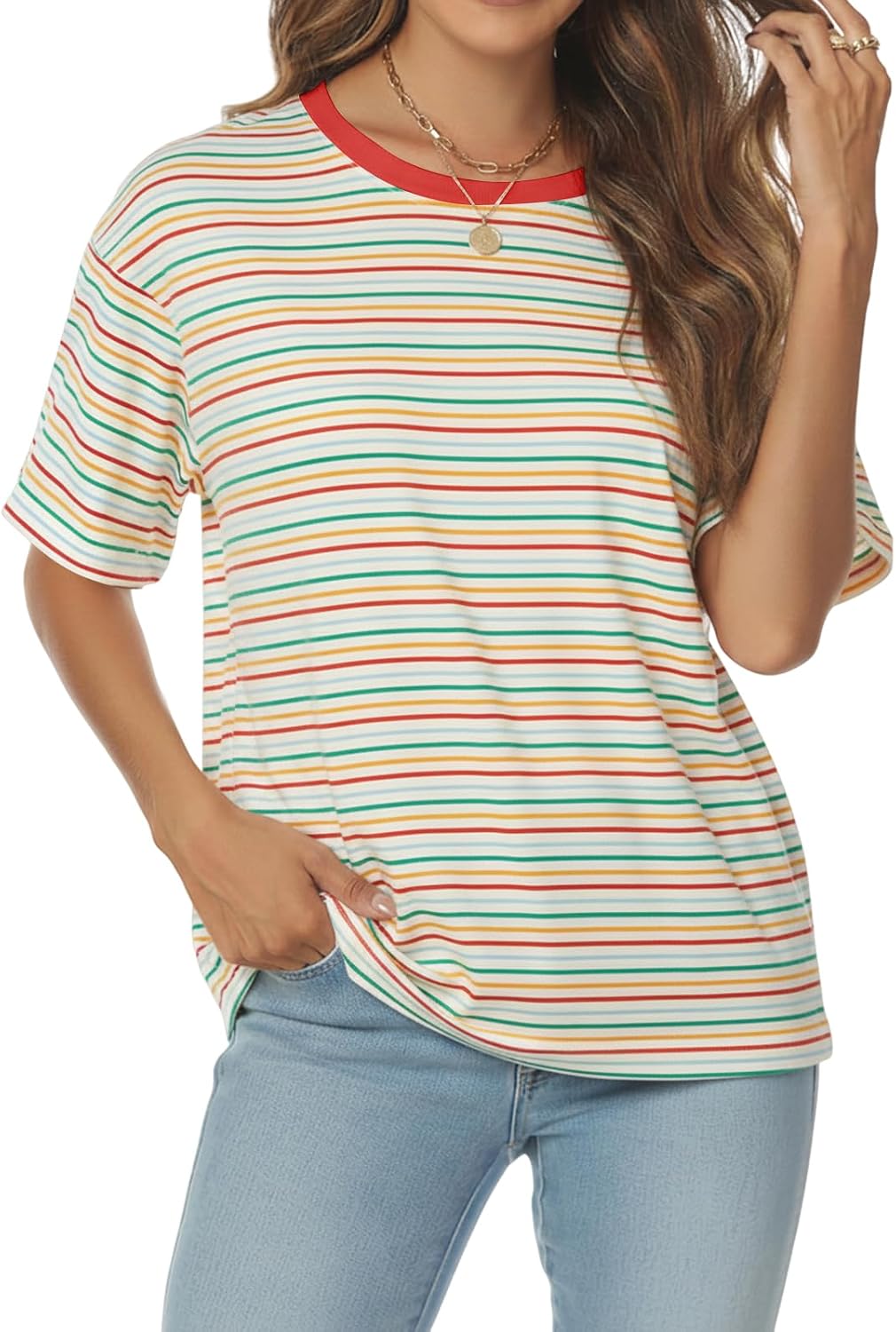 Detalle 2 de Cuptacc Damen Oversize T-Shirt mit Rundhals und Streifenmuster – Kurzarm-Tunika im Sommerlook