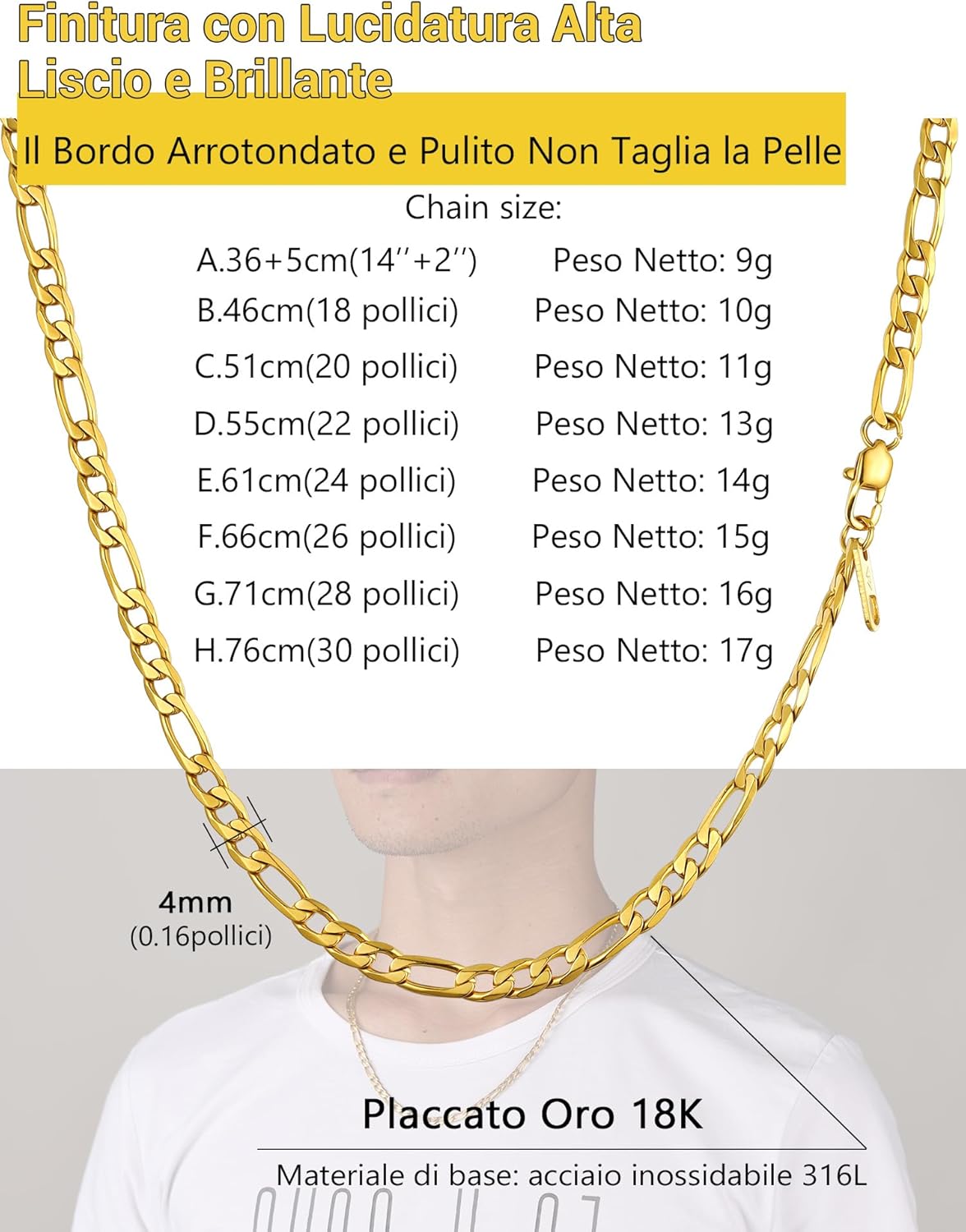 Thumbnail 4 de PROSTEEL Collana Catena Semplice da Uomo a Modello Maglia Figaro 3+1 – Acciaio Inossidabile/Placcato Oro 18K, due tonalità, 46/51/55 cm