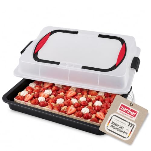 Detalle de Zenker Blechkuchen-Container to go – Backblech mit Transport-Abdeckung, antihaftbeschichtet, 42×29×7,5 cm