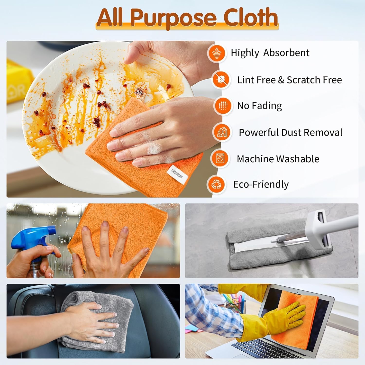 Detalle de FIXSMITH Microfiber Cleaning Cloths, 50-Pack, 16 x 12 Inches, Gray & Orange