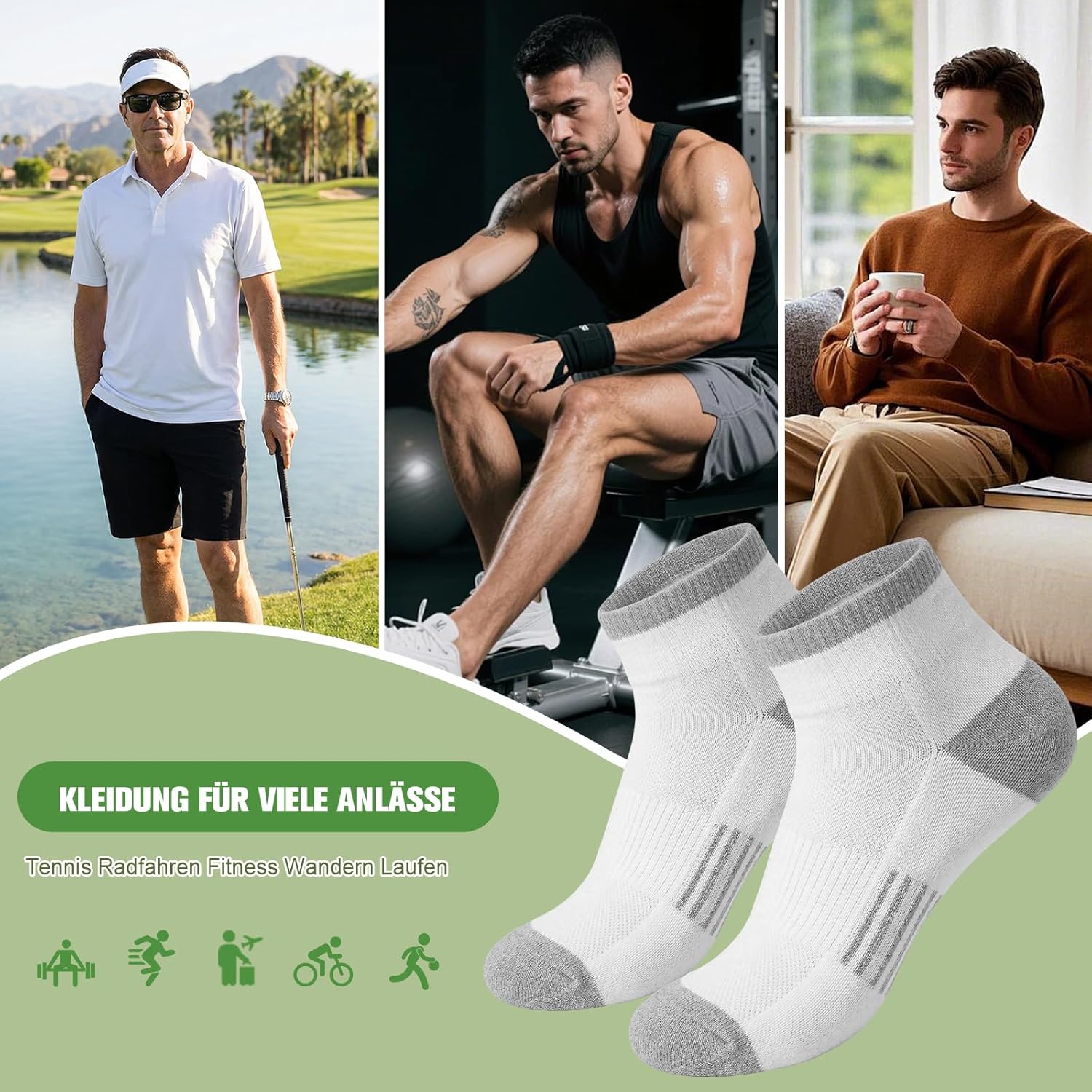 Thumbnail 6 de Quoboquo Chaussettes Homme de sport en coton bicolores, respirantes et rembourrées – compression légère pour course, tennis, travail et loisirs (1 ou 6 paires, tailles 39-46)