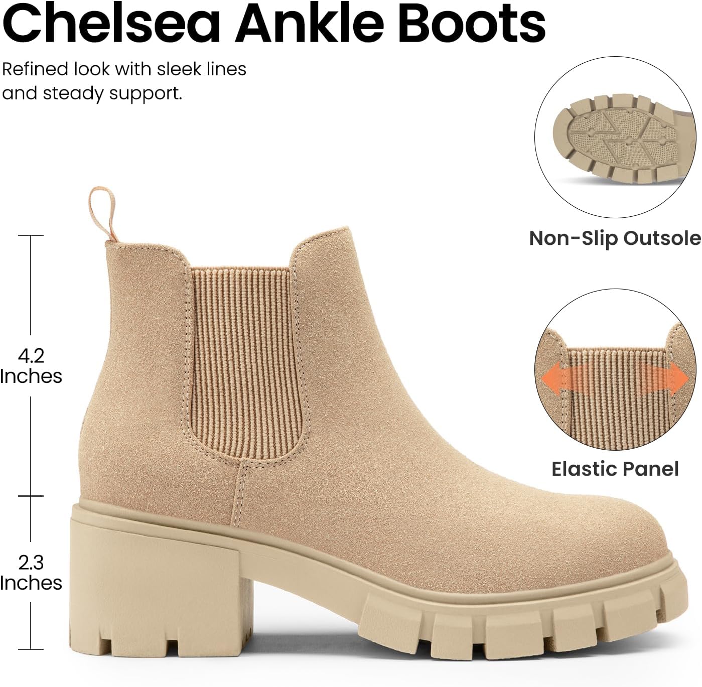Detalle 2 de Athlefit Women's Chelsea Ankle Boots with 2.3-Inch Chunky Heel and Lug Sole