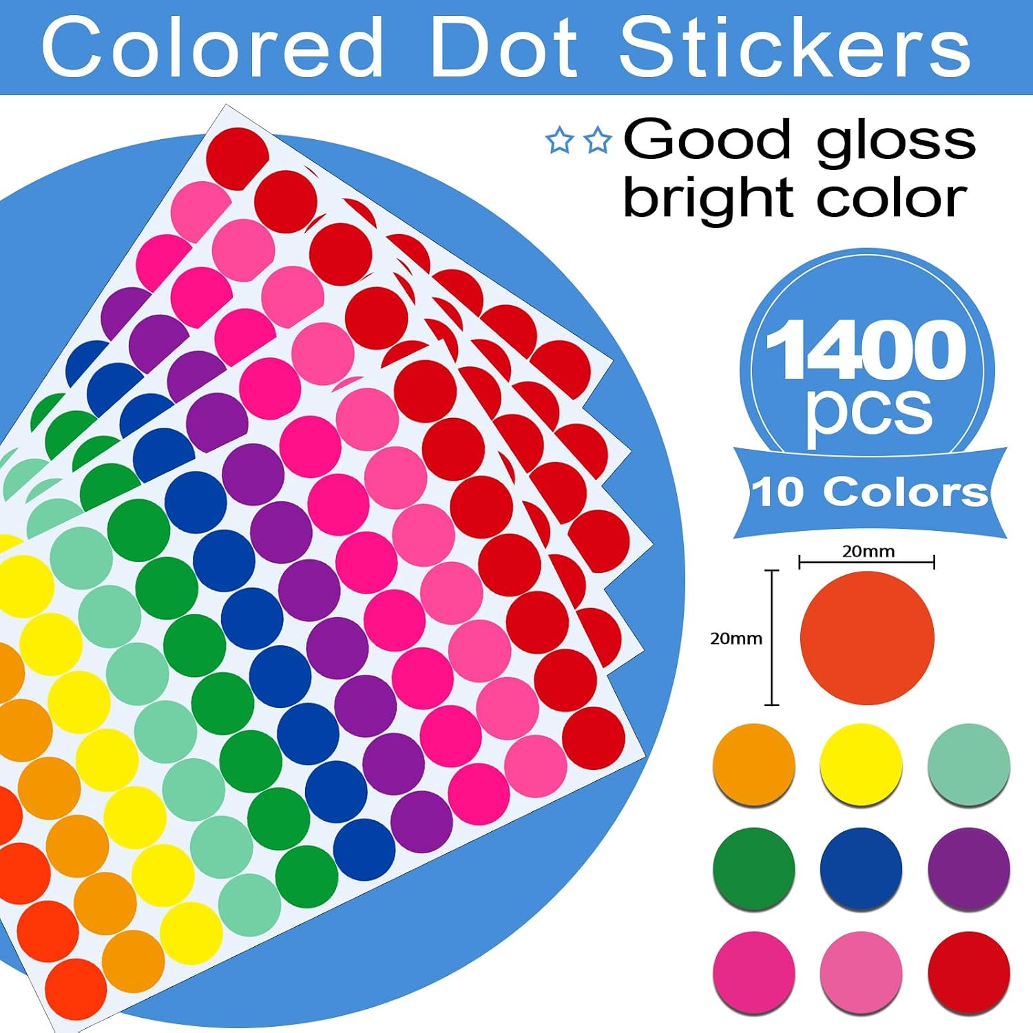 Detalle de Gommettes autocollantes rondes 20 mm – 1400 pièces en 10 couleurs pour étiquetage et tri (20 fiches de 70 gommettes chacune)