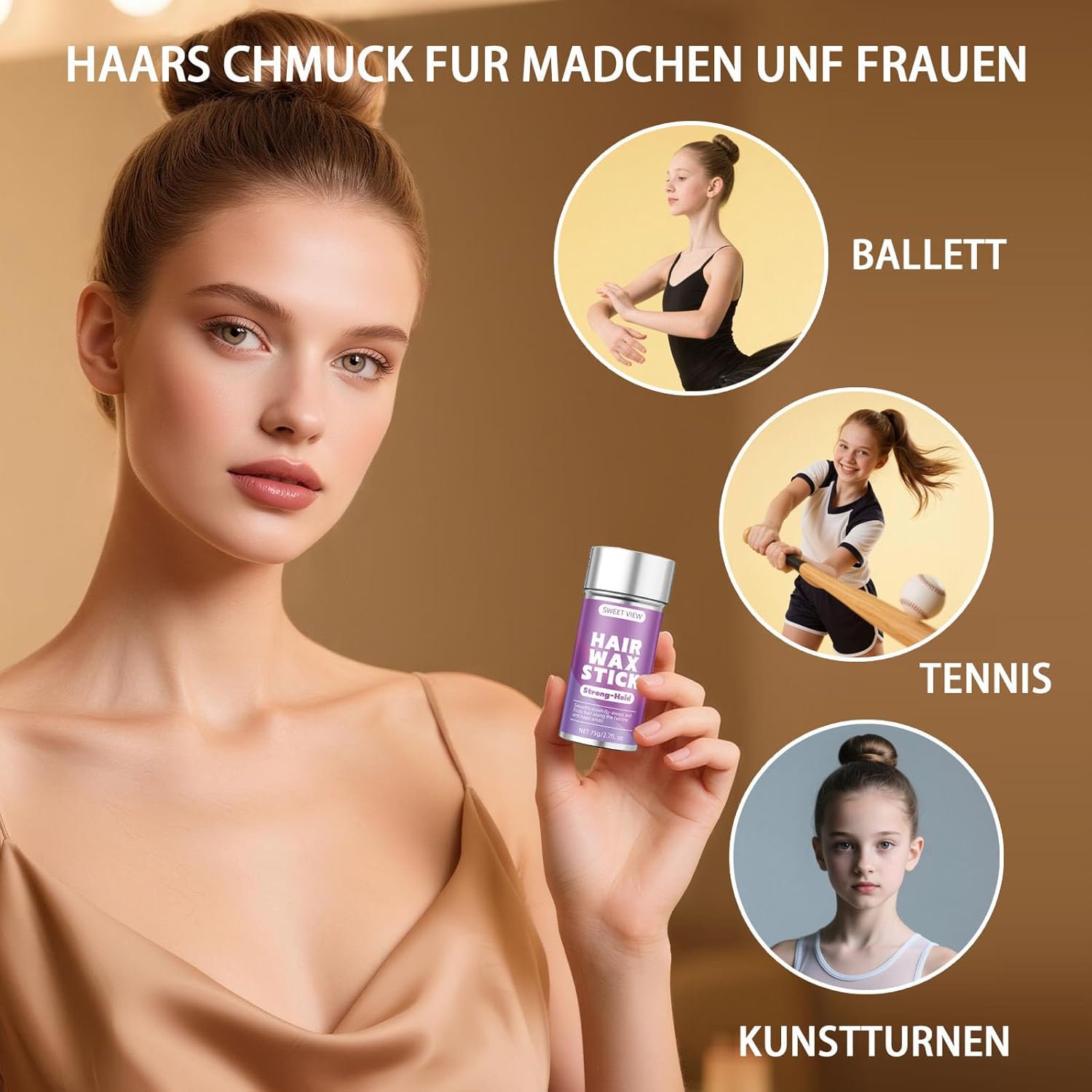 Detalle de SWEET VIEW Haarwachs-Stick & Haarbürsten – glatte Flughaare, Frizz-Kontrolle und elegante Dutt- oder Pferdeschwanz-Frisuren