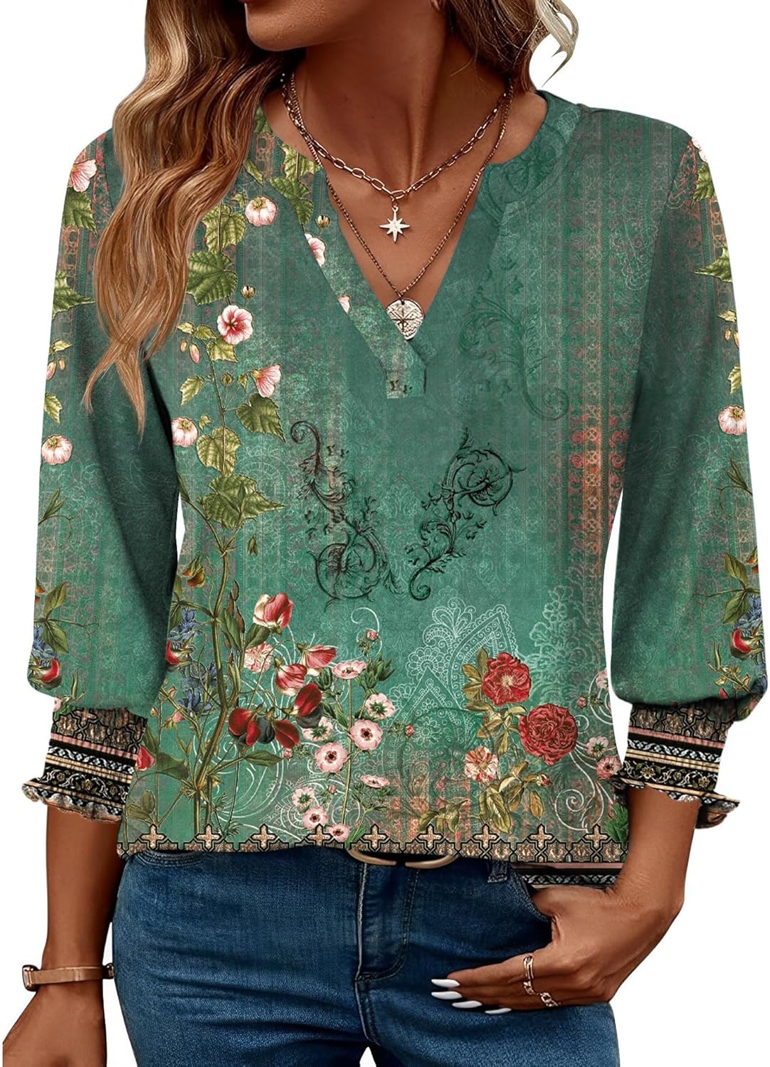 Thumbnail 6 de Rapbin Damen Bluse mit 3/4-Ärmeln, V-Ausschnitt und Blumenmuster – Tunika-Style für Sommer & Übergang