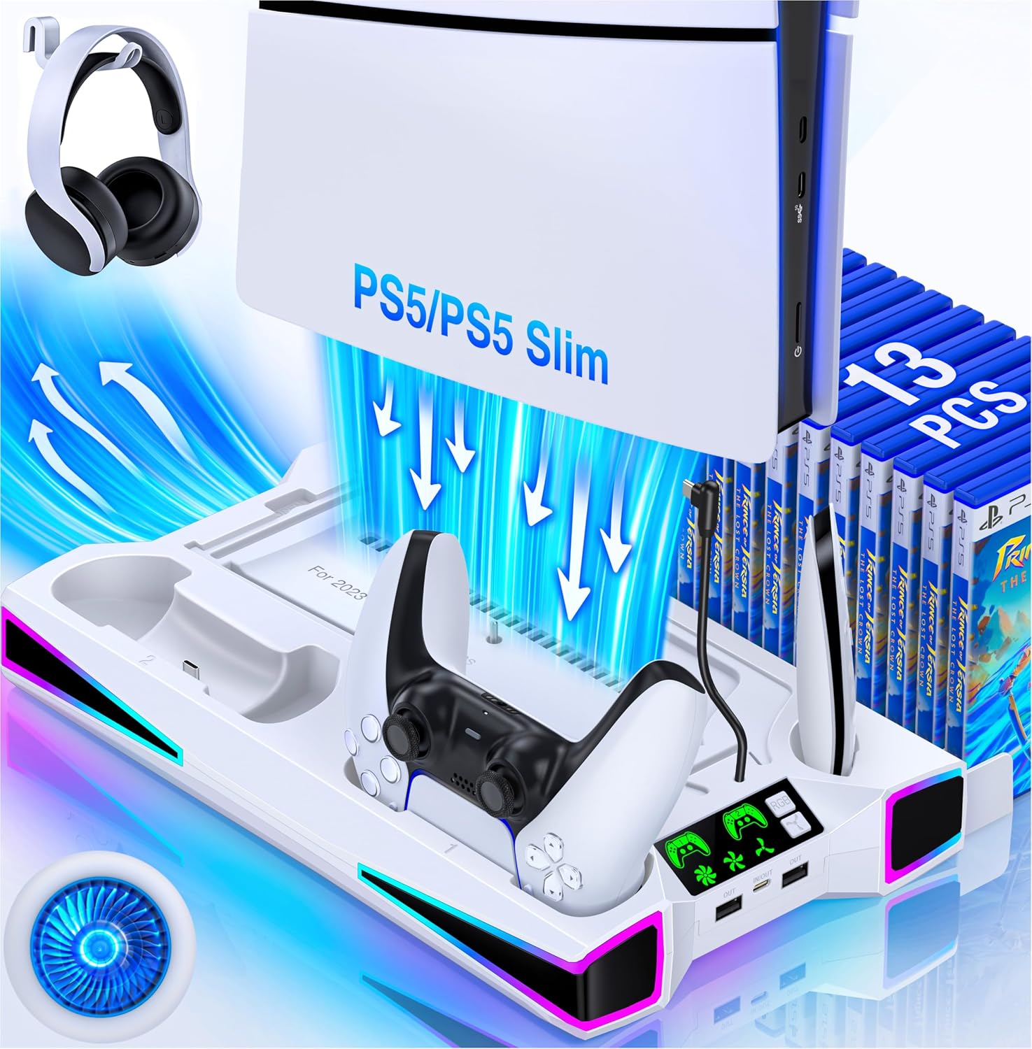 Detalle de Vertical PS5 Stand and Cooler Station with Dual Controller Charging