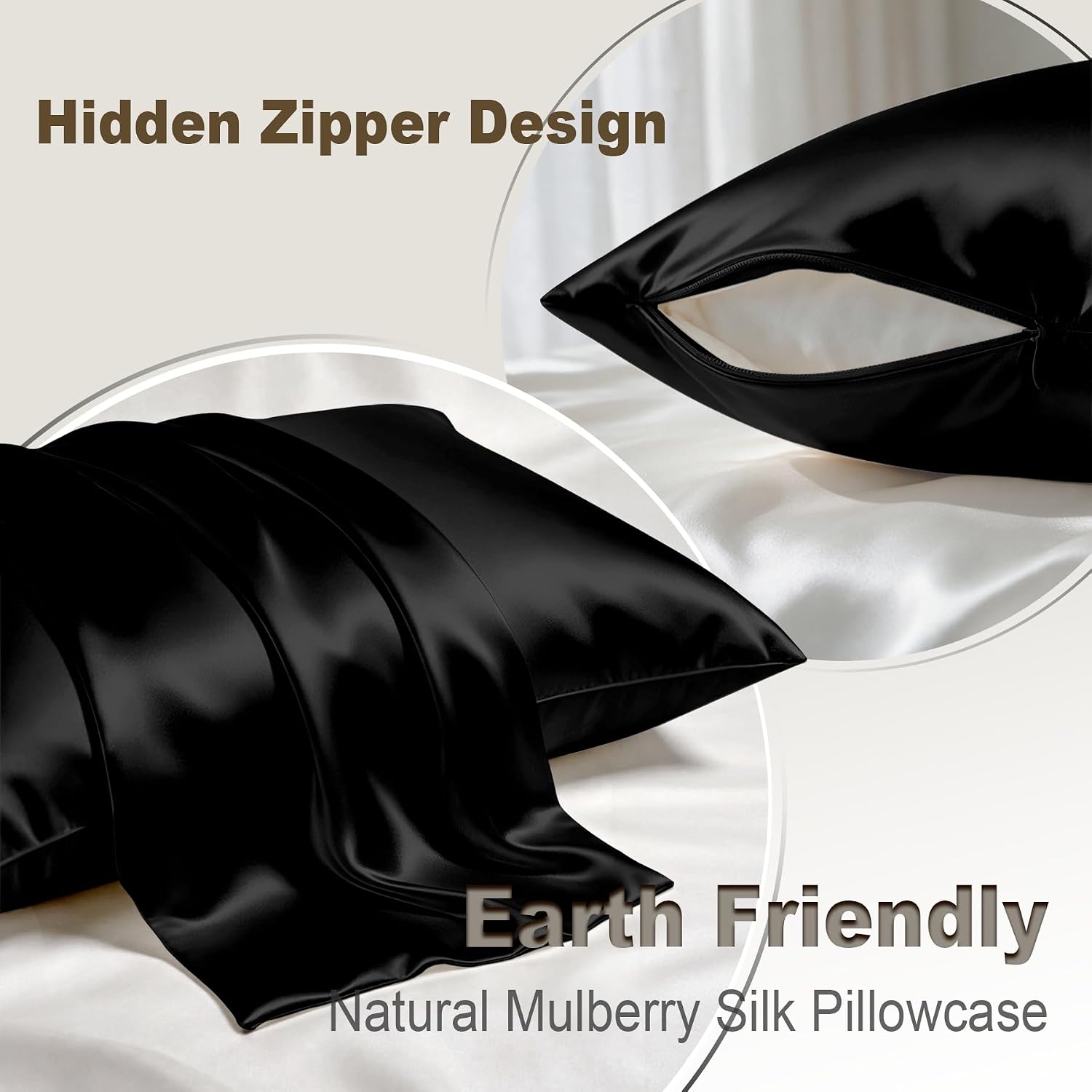 Detalle 2 de LYSHIN 19 Momme Mulberry Silk Pillowcase, Standard Size, Black with Hidden Zipper