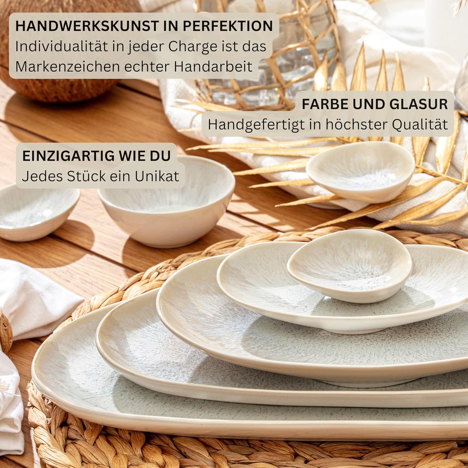 Detalle de SÄNGER Servierplatten Korfu 11- tlg. Set: Steingut Geschirrset mit Dip-Schalen & Servierplatten (cremefarben, spülmaschinenfest)