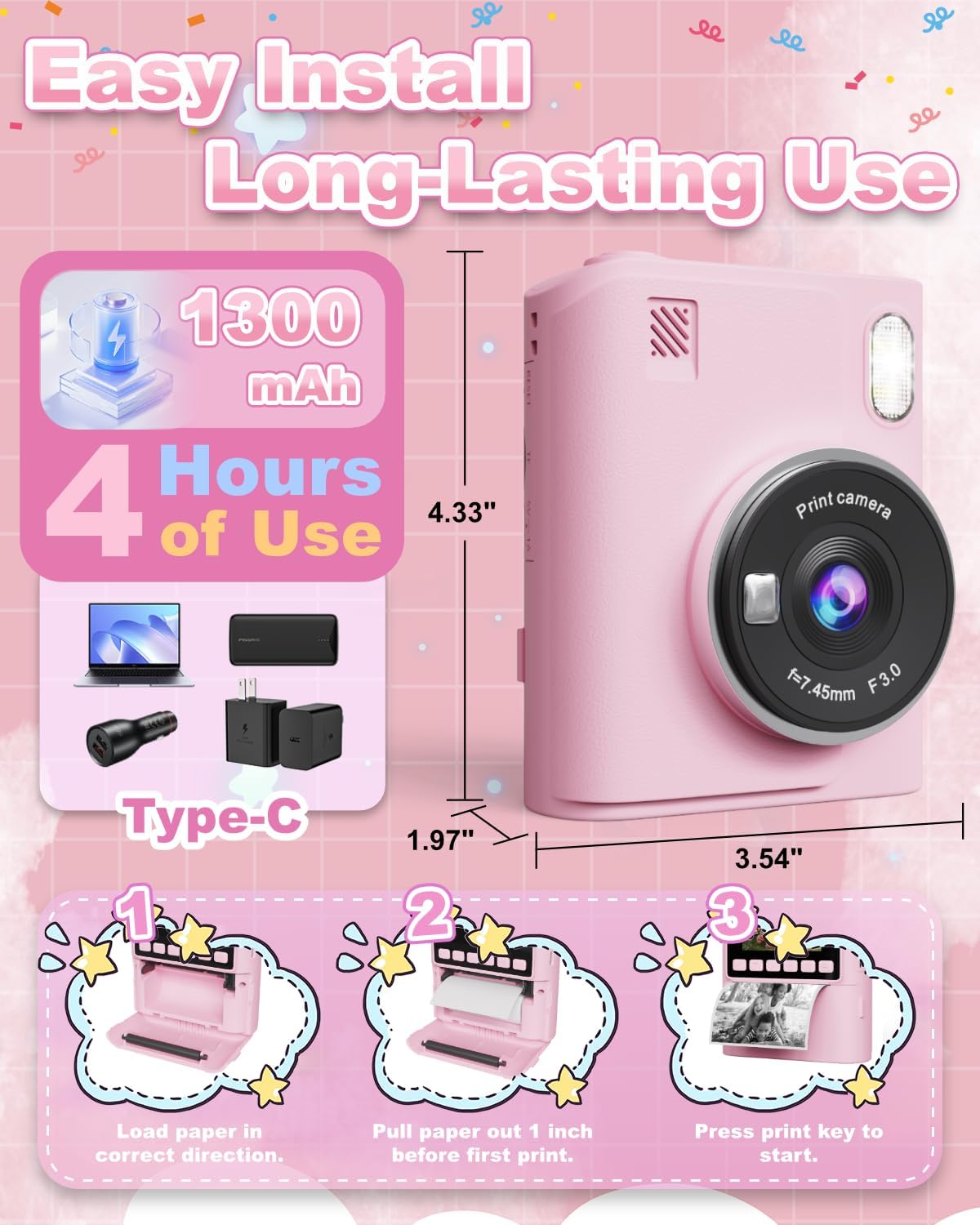 Thumbnail 3 de Instant Print Camera for Kids (1080P) — Portable Instant Digital Print Camera for Ages 4–10, Pink