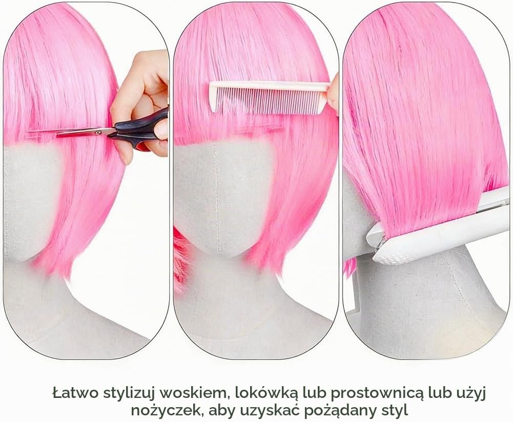 Detalle de AUYAO 5413733 Partyrama – różowa peruka bob 28 cm z grzywką