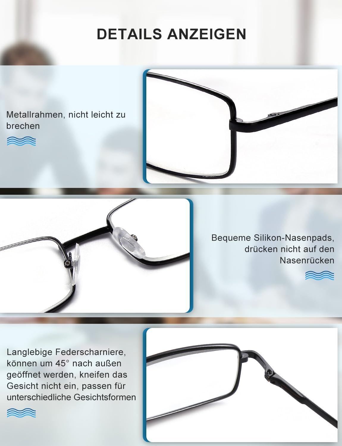 Thumbnail 1 de OKH 4er-Pack Lesebrillen für Männer mit Blaulichtfilter (Metallrahmen, UV400, Federscharnier) – schwarz
