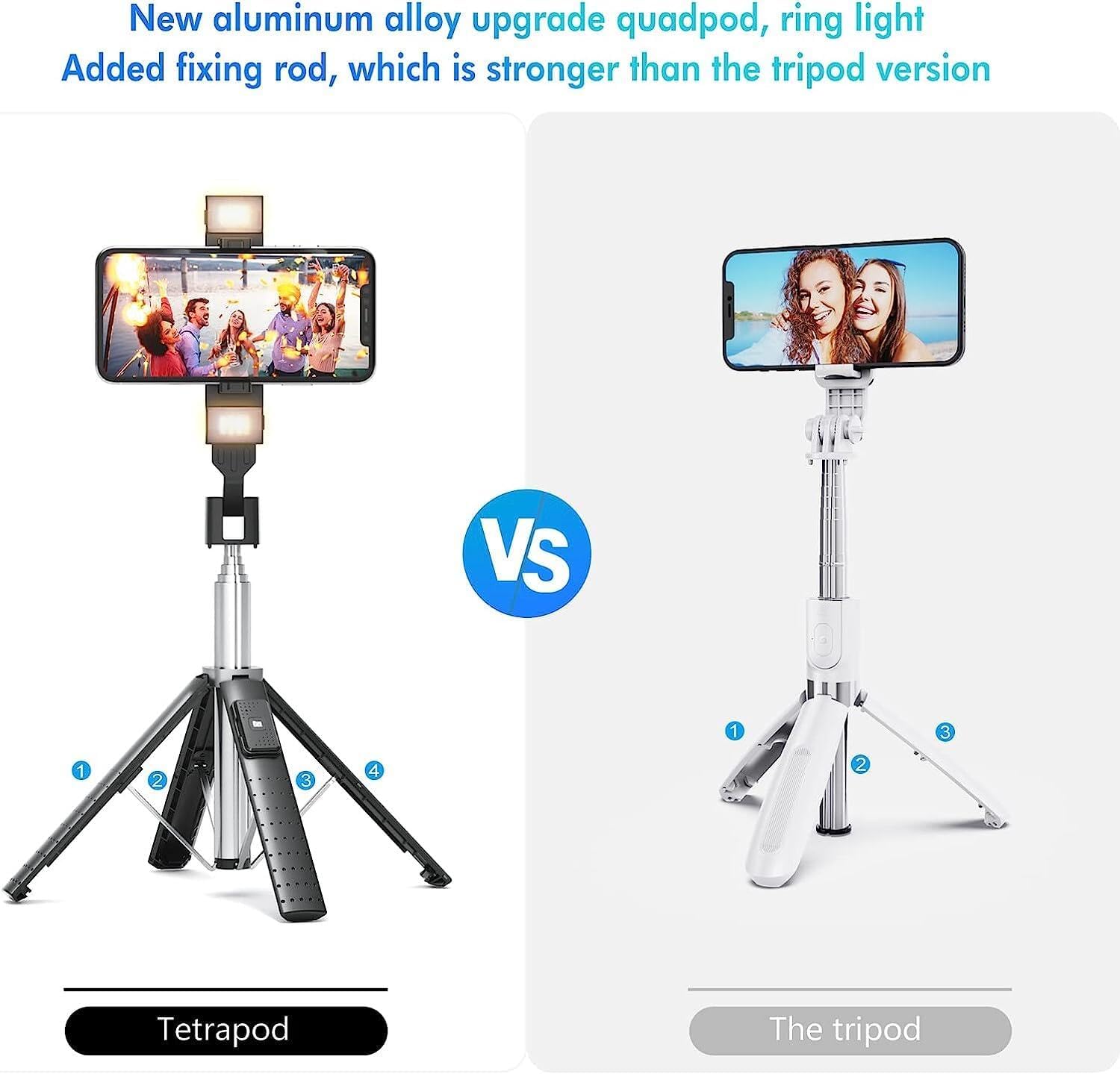 Detalle de Selfie Stick Tripod Quadrapod with Fill Light and Bluetooth Remote – 4-Leg Stability, Stainless Steel, iPhone & Android