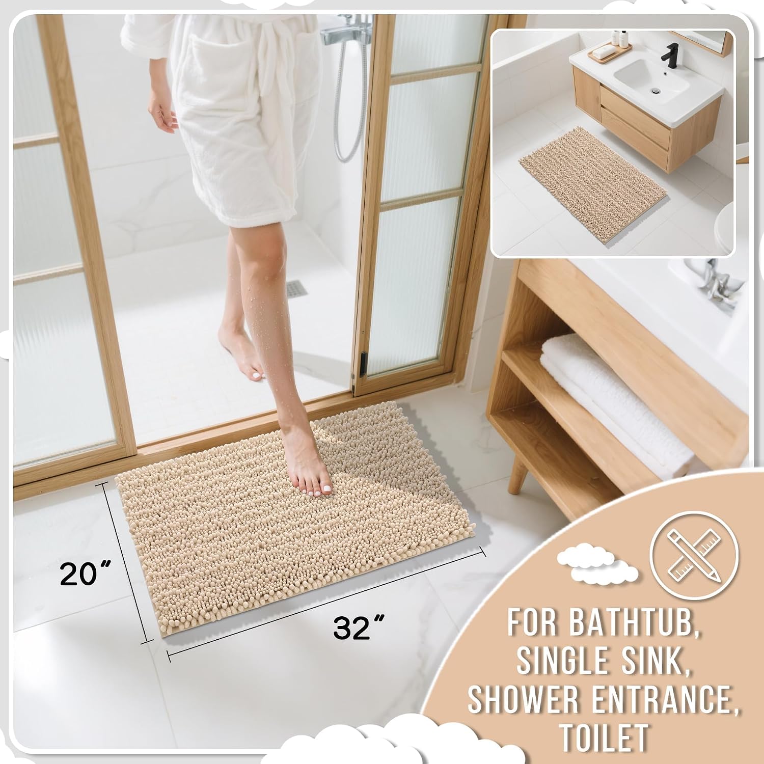 Detalle 2 de Yimobra 32 x 20-Inch Chenille Bath Mat, Non-Slip, Washable, Light Brown