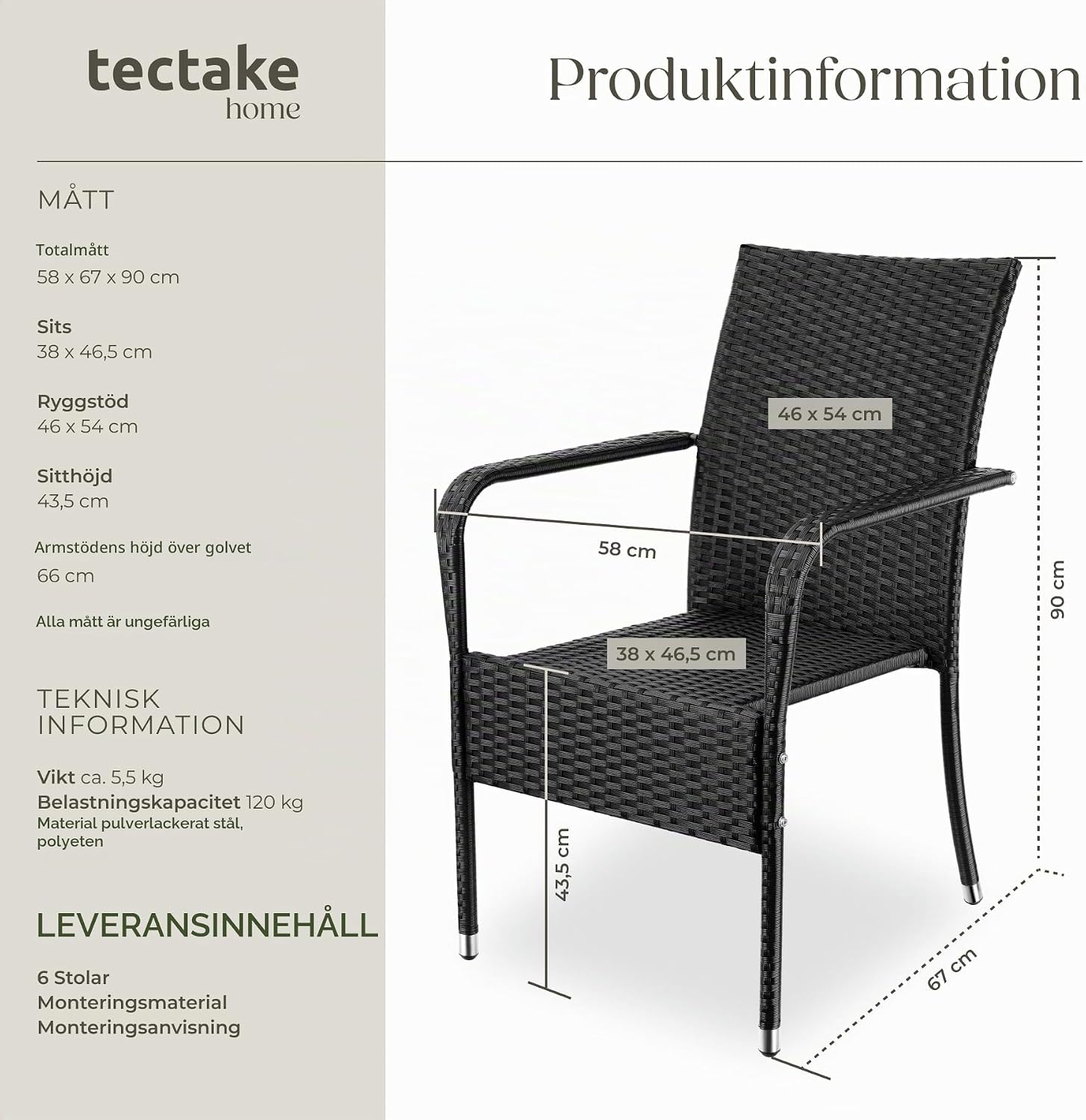 Detalle de tectake Girona 405846 trädgårdsstolar, 6-pack i svart med armstöd