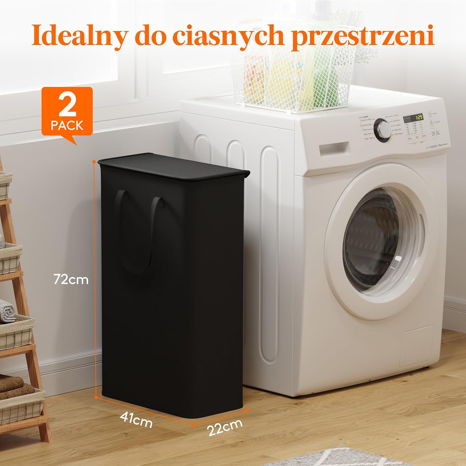 Detalle 2 de Lifewit 24017 – 2 wąskie kosze na pranie 65 l z pokrywą, czarne
