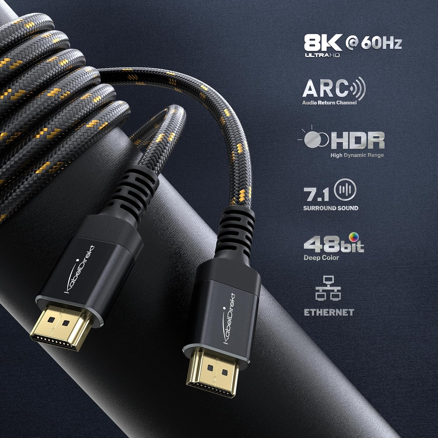 Detalle 2 de KabelDirekt 8K/4K HDMI-2.1 Kabel – 3 m, bruchfeste Metallstecker, Braiding-Ummantelung