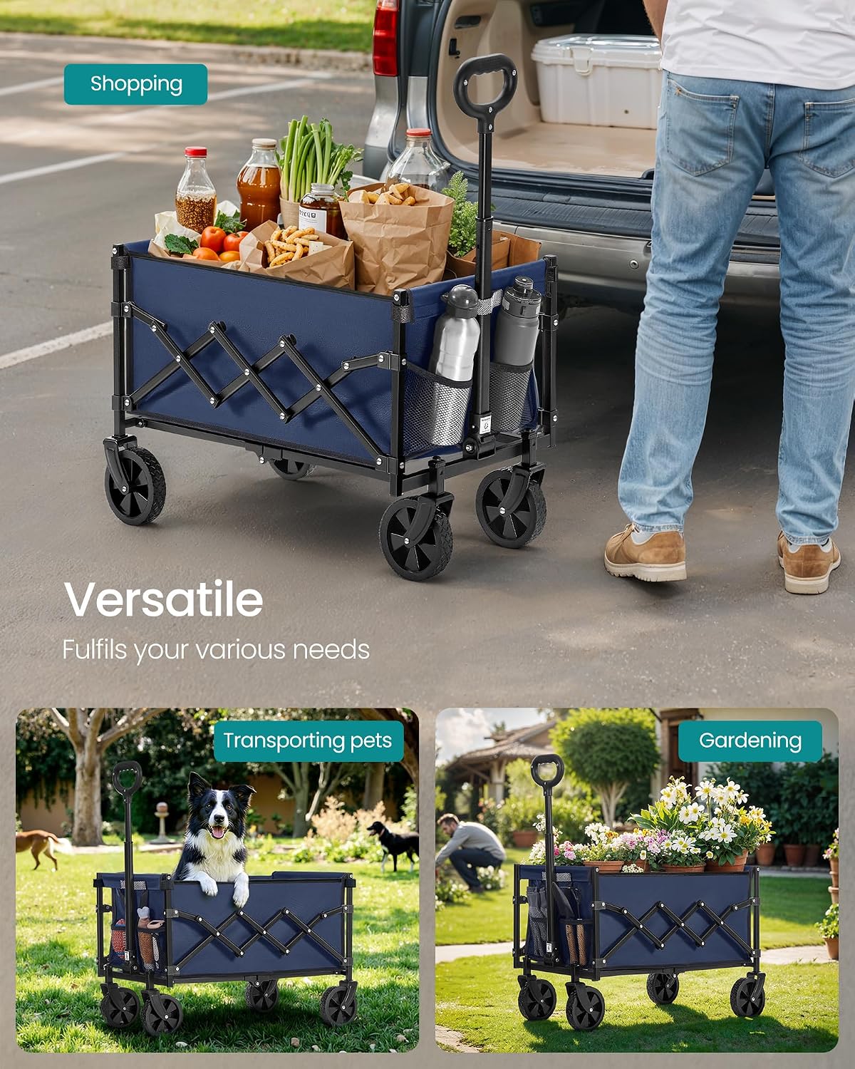 Detalle de SONGMICS UGFW909QE01 Folding Wagon, 90 L, 180 kg Capacity, Midnight Blue