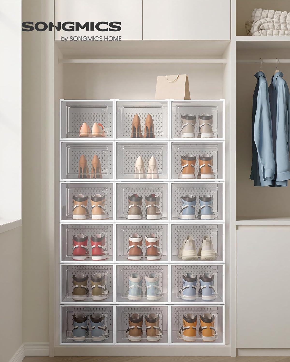 Thumbnail 1 de SONGMICS Boîtes à Chaussures LSP077W08 – lot de 8, transparent et blanc nuage, pliables et empilables