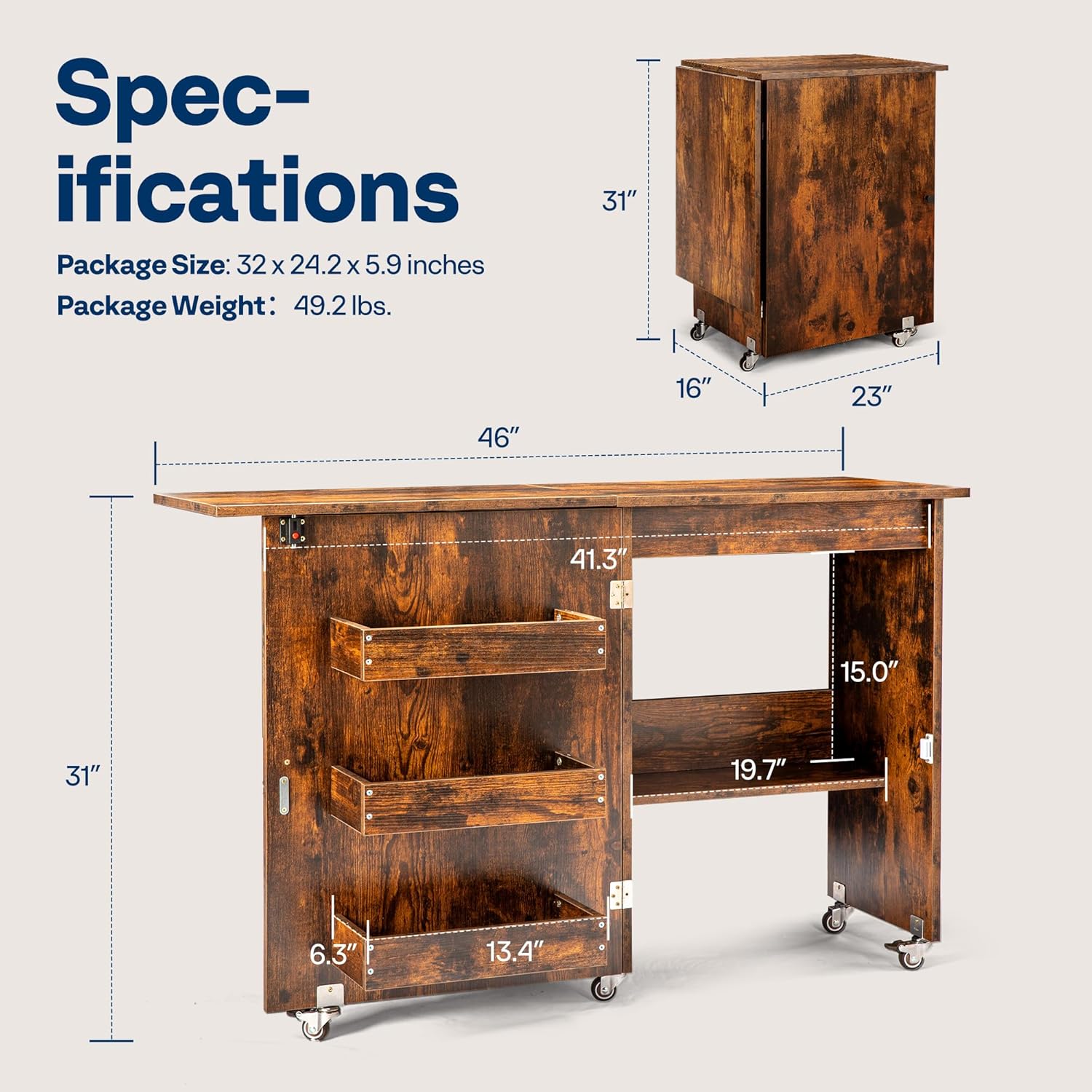 Detalle 2 de VIVOHOME VH1080-BR Folding Sewing Table with Storage, Rustic Brown