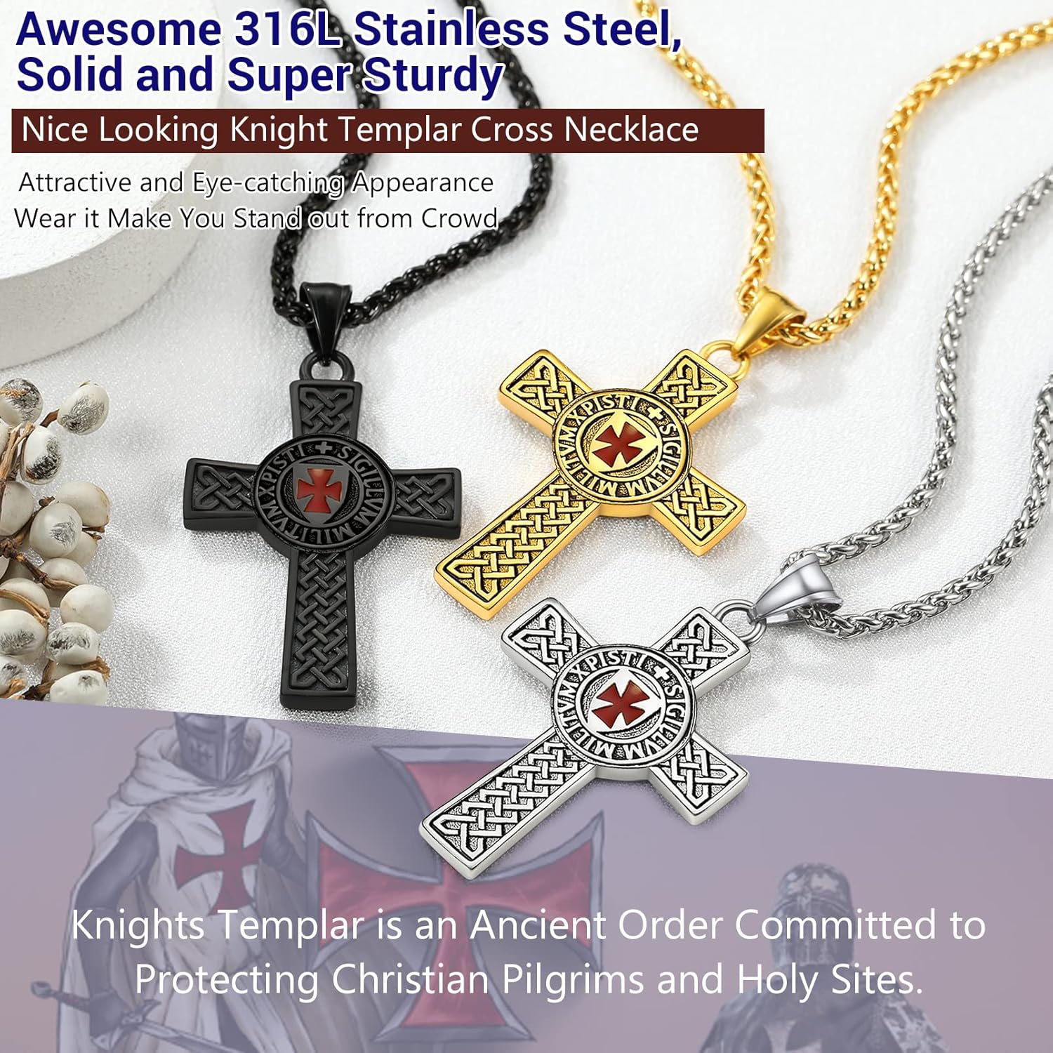Thumbnail 4 de PROSTEEL collana con ciondolo cavalieri templari, scudo e croce in acciaio inossidabile con confezione regalo