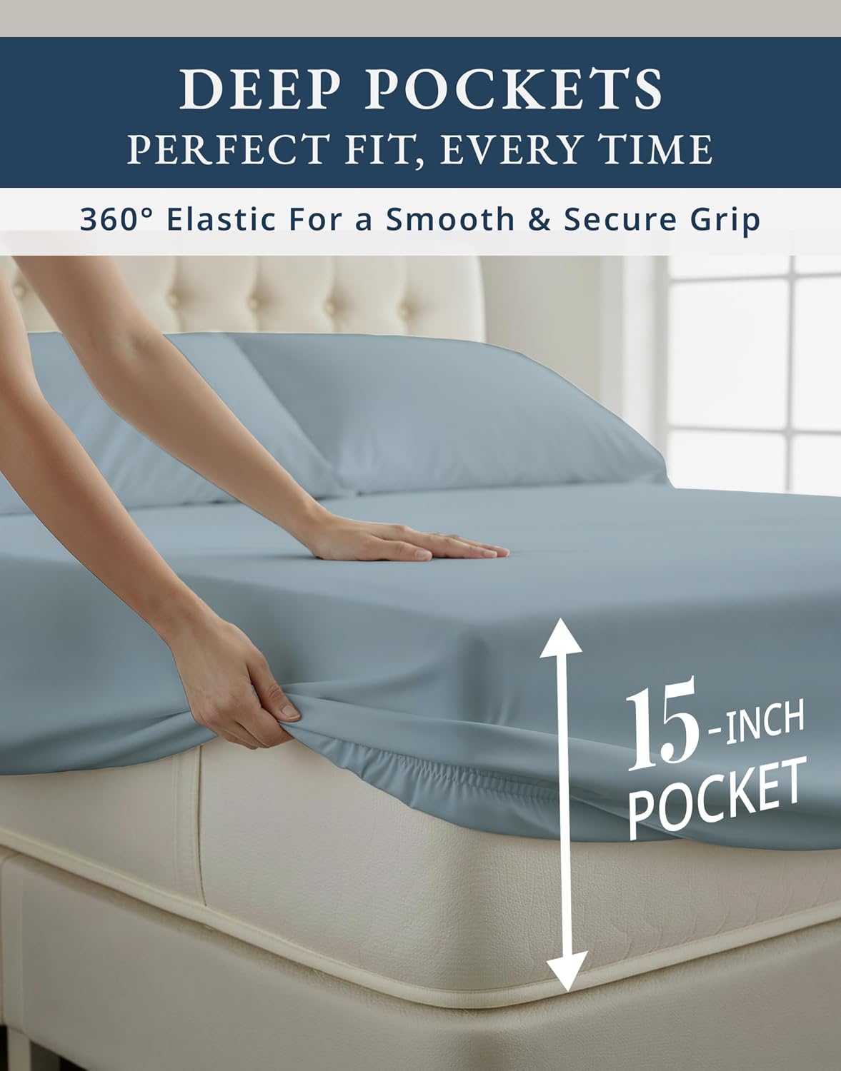 Detalle de 100% Egyptian Cotton Queen Size Sheet Set — Naturally Breathable & Ultra-Soft, French Blue with 15" Deep Pocket