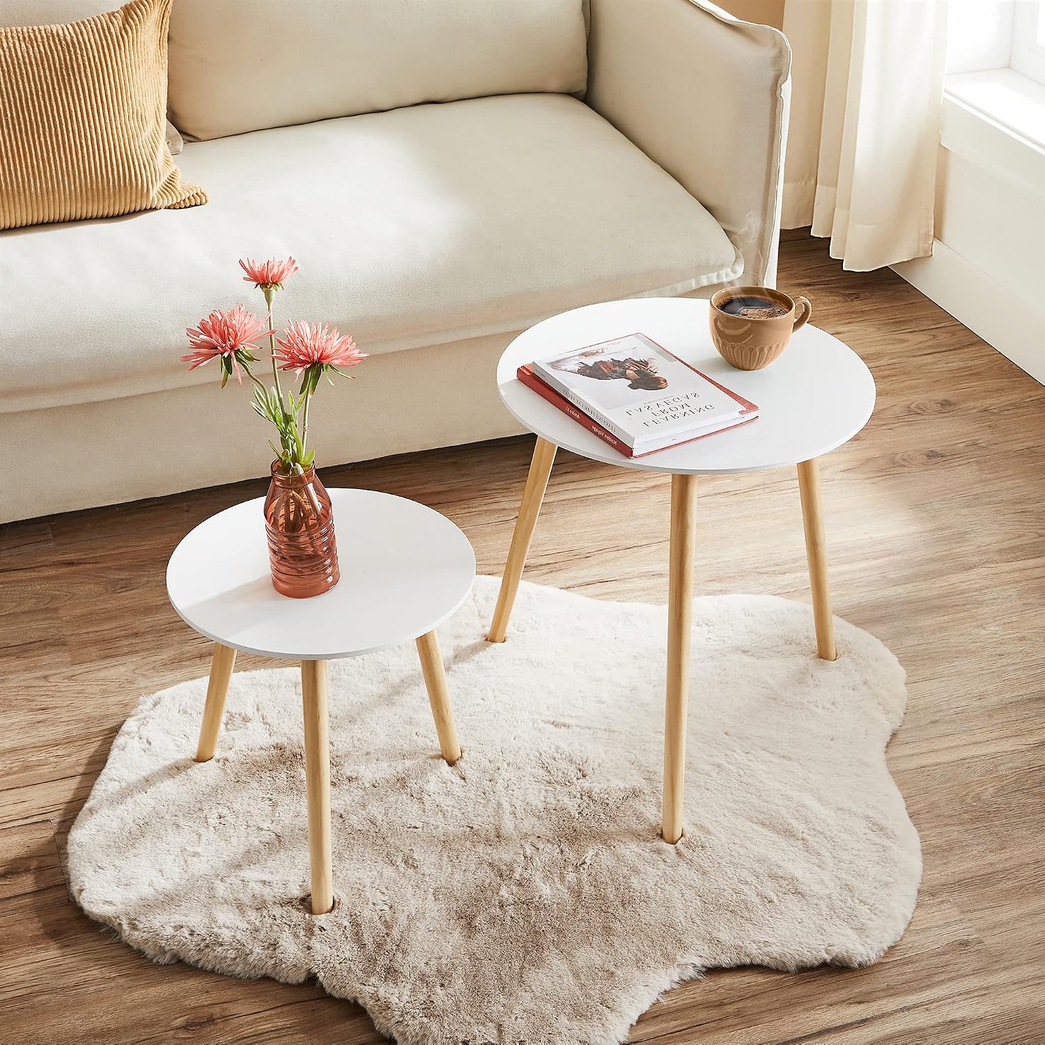 Detalle 2 de VASAGLE LET07WN Nesting Side Tables, Set of 2, Round White and Natural