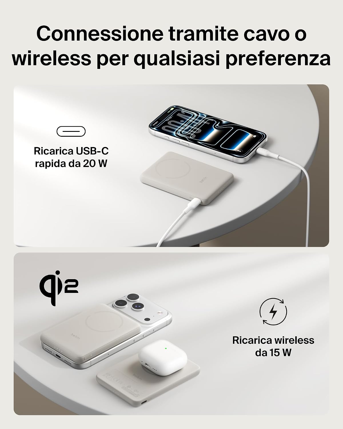 Detalle 2 de Belkin BoostCharge Power Bank 5000 mAh magnetico: ricarica rapida e portatile per iPhone, Galaxy e Pixel
