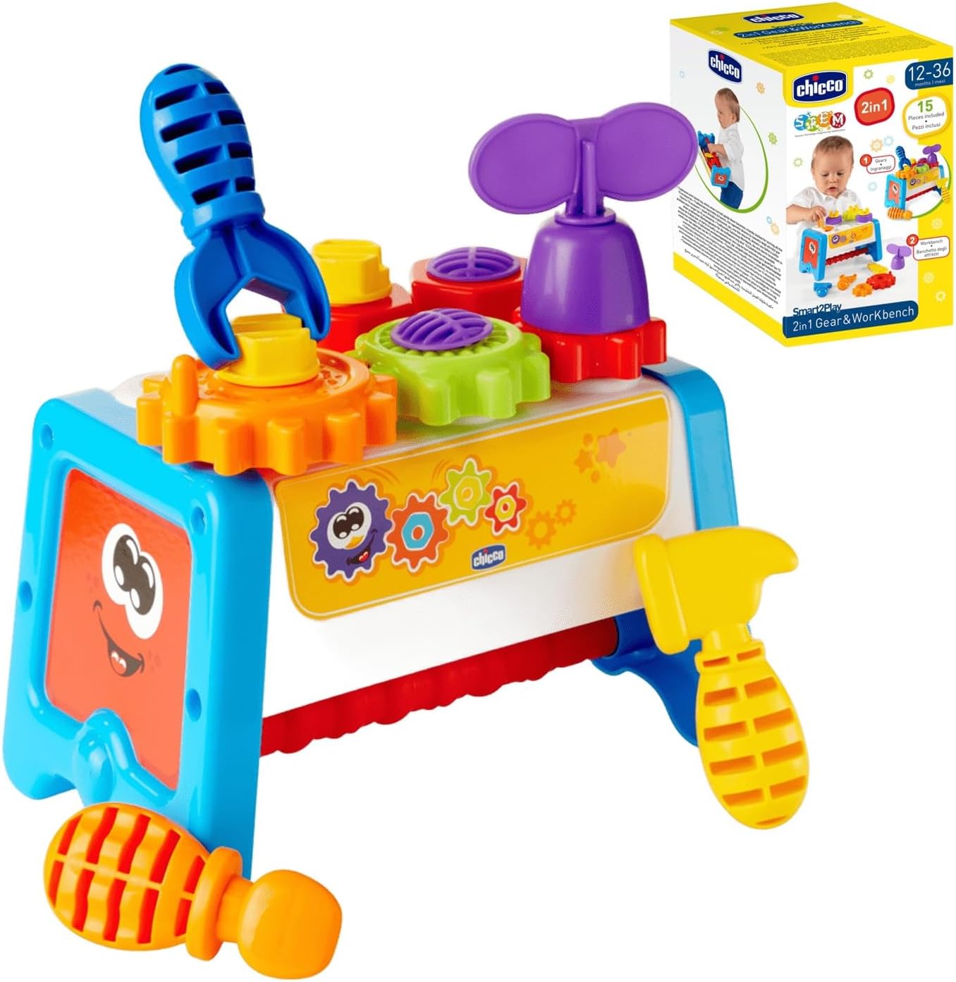 Chicco Cassetta degli Attrezzi 2 in 1 – Banco da lavoro per bambini con 15 pezzi e gioco STEM