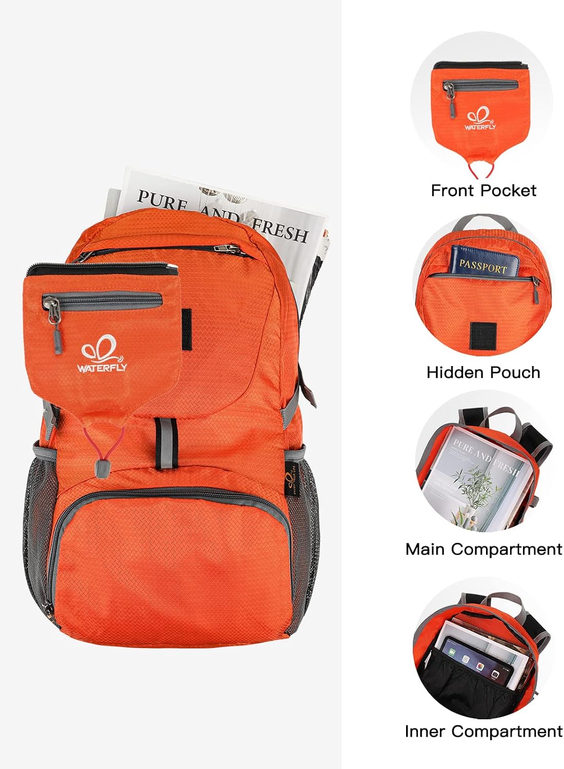 Detalle 2 de Waterfly Ultra Lightweight Foldable Backpack 20L – Packable daypack for hiking, travel & camping